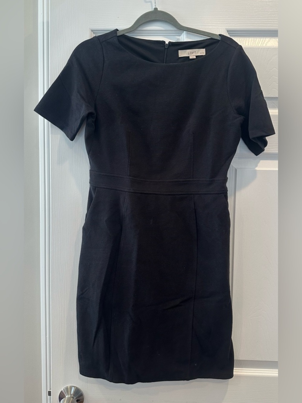 LOFT Black Short-Sleeve Sheath Dress with Waist Seam